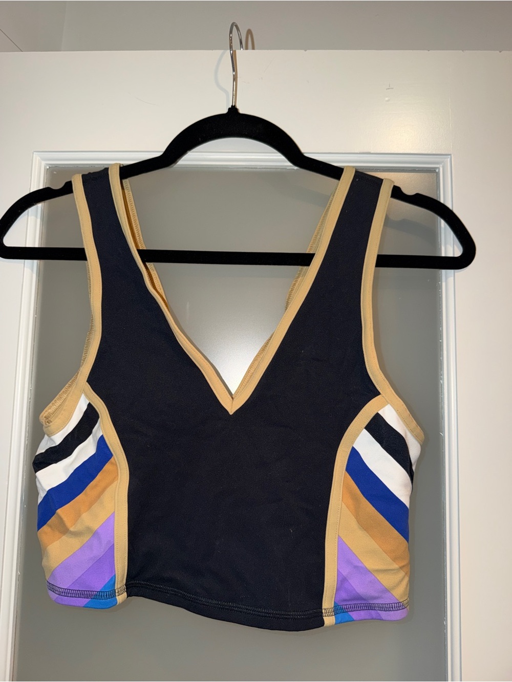 We The Free Black Crop Top with Tan Trim and Multicolor Stripes